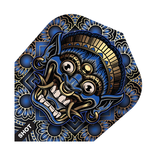 Vols d'armes tribales Shot Java n°6 Das Bild zeigt ein Dart-Flight mit einem farbenfrohen, traditionellen Tribal-Design in Blau, Gold und Schwarz. Das auffällige Motiv stellt eine stilisierte, furchteinflößende Maske dar.