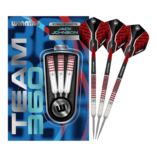 Fléchettes en acier Winmau Team 360 Jack Johnson - 24 g Das Bild zeigt das komplette Set der Winmau Team 360 Jack Johnson Steeldarts mit 24g. Die Steeldarts sind für präzises Werfen entwickelt.