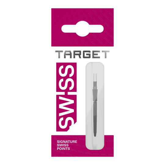 Pointes de fléchettes en acier Target Elysian Archetype 43 Swiss Point - Noires Hier sind drei schwarze Dartspitzen von Target Elysian Archetype 43 SwissPoint, 30 mm lang, zu sehen. Sie werden als Gruppe präsentiert.