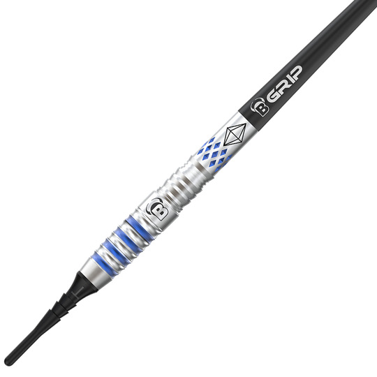 19740_Bulls_Sarah_Milkowski_Softdarts_2 Das Bild zeigt einen Softdart namens "Bulls Sarah Milkowski Softdarts - 20g". Der Dart hat ein silbernes Design mit blauen Akzenten und einer schwarzen Spitze.