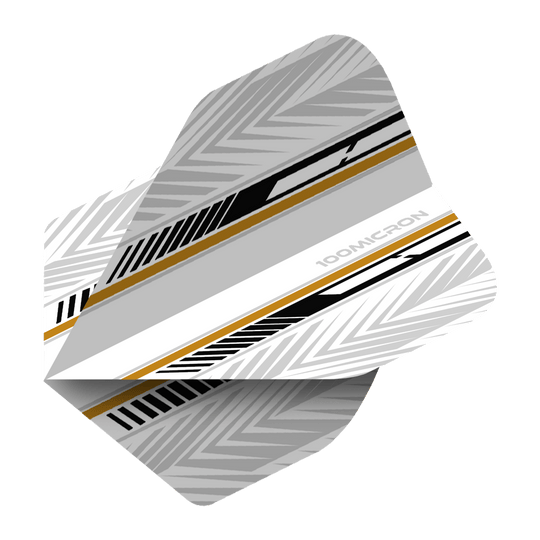 Vols de Pentathlon blanc/noir/or Das Bild zeigt ein Dartflight mit einem modernen Design in Weiß, Schwarz und Gold. Die Oberfläche ist mit geometrischen Mustern und Streifen verziert.