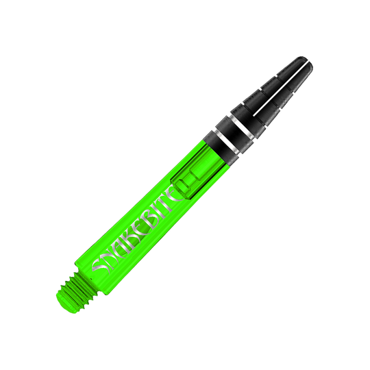 Das Bild zeigt einen grünen Dartshaft mit der Aufschrift "Snakebite." Es handelt sich um den "Red Dragon Nitrotech Peter Wright Shaft" in der Farbe Grün.