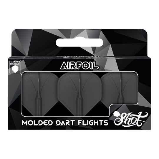 Profil aérodynamique moulé n°2 Vols standard Auf dem Bild ist eine Packung mit drei schwarzen, geformten Dartflights zu sehen. Die Verpackung trägt die Aufschrift „Airfoil“ und „Molded Dart Flights“ der Marke Shot.