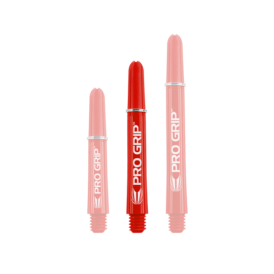 Tiges Target Pro Grip - 3 jeux - Rouge Das Bild zeigt drei rote "Pro Grip" Shafts für Dartpfeile in unterschiedlichen Längen. Alle drei Shafts haben die weiße Aufschrift "PRO GRIP" und ein Logo.