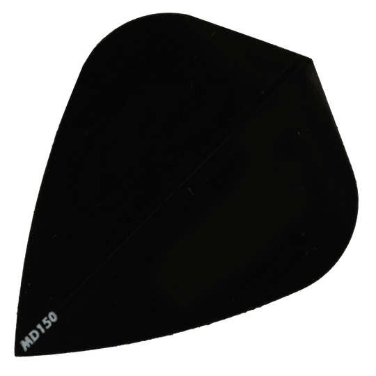 MD150-Kite-Schwarz Das Bild zeigt das Produkt "McDart MD150 - Kite Flight". Es handelt sich um ein schwarzes Dartflight in Form eines Drachens mit der Aufschrift "MD150" in der Ecke.