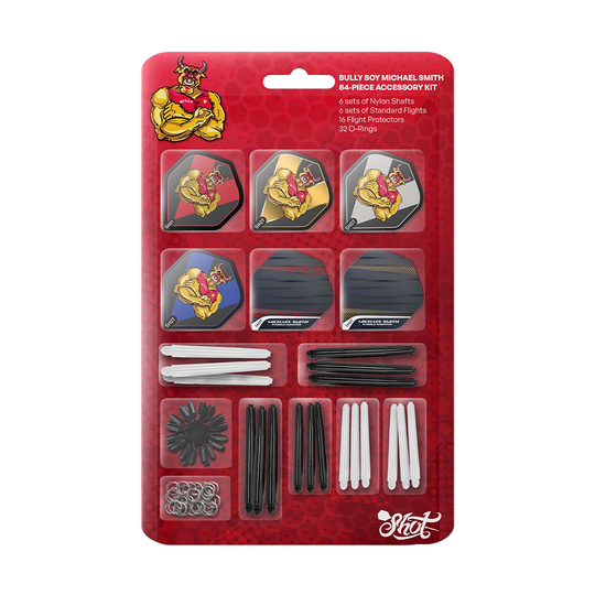 Kit d'accessoires Shot Michael Smith - 84 pièces Das Bild zeigt das "Shot Michael Smith Accessory Kit - 84 Teile" für Darts. Das Set enthält Flights, Shafts, Flight Protectoren und O-Ringe in verschiedenen Farben und Designs.