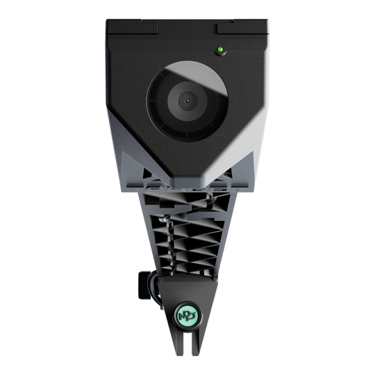 Caméra Target VIRT Das Bild zeigt die Target VIRT Kamera aus der Vorderansicht. Die Kamera hat ein modernes, technisches Design mit einem großen Objektiv in der Mitte.