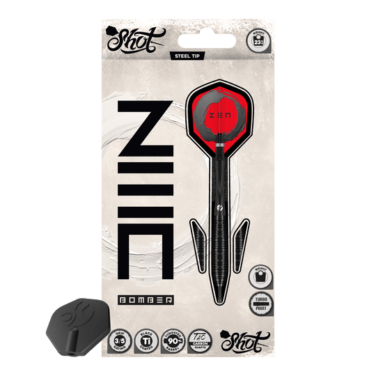 Abgebildet ist das Produkt Shot ZEN Bomber Turbo Point Steeldarts. Dieser Dartpfeil wird für das Steeldartspiel verwendet.