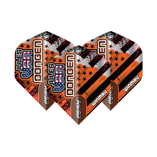 Vols standard Winmau Prism Delta Jules Van Dongen Das Bild zeigt drei Dartflights des Modells "Winmau Prism Delta Jules Van Dongen Standard Flights". Die Flights sind in Schwarz, Orange und Silber gestaltet und tragen den Namen "Jules Van Dongen".