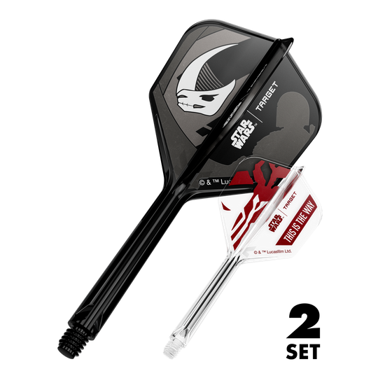 Coffret Target Star Wars K-Flex Mandalorian No6 Flights Das Bild zeigt den Artikel '410625_Target_StarWars_K-Flex_Mandalorian_2PackSet_No6_Flights_33mm_1'. Es handelt sich wahrscheinlich um Dart-Flights mit Star Wars Mandalorian Motiv.