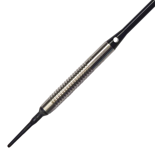 Fléchettes souples McDart 85 Tungstène V8 - 18,5 g Das Bild zeigt einen McDart 85er Tungsten V8 Softdart mit einem Gewicht von 18,5 Gramm. Der Dart besteht aus silberfarbenem Metall mit einer geriffelten Griffzone und einer schwarzen Spitze.