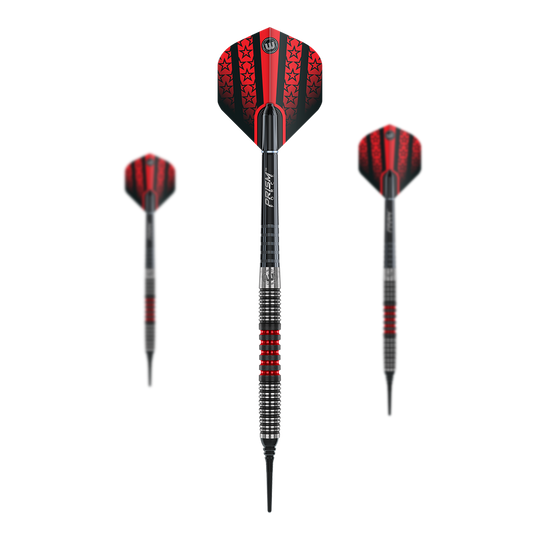 Fléchettes souples Winmau Joe Cullen Das Bild zeigt drei Winmau Joe Cullen Softdarts mit roten und schwarzen Flights. Die Darts haben einen silbernen Schaft mit roten Akzenten und eine schwarze Spitze.
