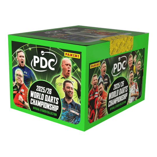 Panini PDC Championnat du monde de fléchettes 2025/26 - Boîte d'autocollants contenant 65 paquets Dies ist die Panini PDC World Darts Championship 2025/26 Stickerbox mit 65 Tüten. Die Box ist für das Sammeln von Stickern zur Darts-Weltmeisterschaft geeignet.