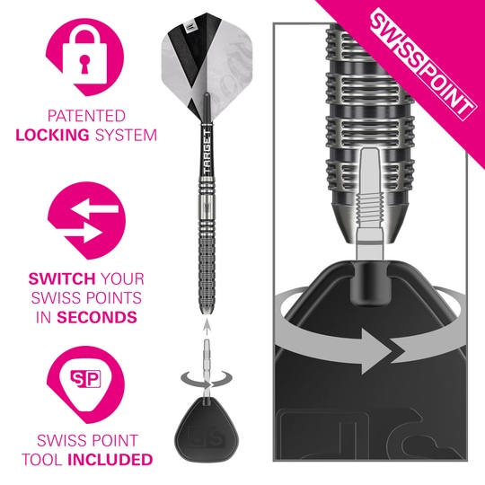 Auf dem Bild sind die Target Beau Greaves GEN1 Swiss Point Steeldarts zu sehen. Sie zeigen eine Nahaufnahme des Griffbereichs und der Spitzen.