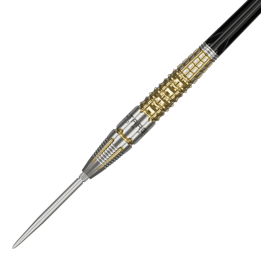 Fléchettes en acier Target Black Marque Warrior Swiss Point Das Bild zeigt einen Target Black Marque Warrior Swiss Point Steeldart. Der Dart ist silber und goldfarben mit auffälligen Rillen und einem spitzen Metallende.