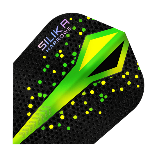 Revêtement cristallin résistant Harrows Silika Colourshift Vert No6 Vols Das Bild zeigt ein Dart-Flügel von Harrows mit dem Namen "Silika Colourshift Tough Crystalline Coating Green No6". Das Design ist schwarz mit grünen und gelben Akzenten sowie einem auffälligen grünen Muster in der Mitte.