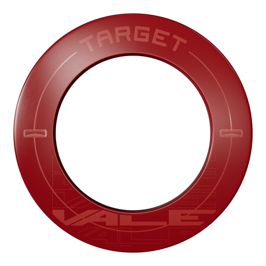 Cadre pour cible de fléchettes Target VALE Das Bild zeigt einen roten Dartboard-Surround mit der Aufschrift "TARGET VALE". Der Surround ist rund und schützt die Wand rund um die Dartscheibe.