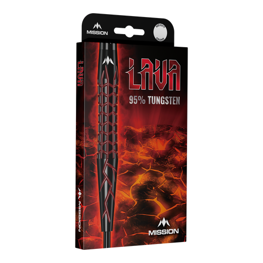Fléchettes en acier Mission Lava Die Abbildung zeigt die Verpackung der Mission Lava Steeldarts. Auf der Schachtel steht "Lava 95% Tungsten" vor einem feurigen Lava-Hintergrund.