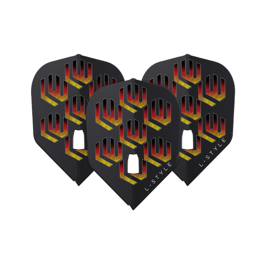 Ailettes L-L-Styleukas Wenig V1 Black L3PRO Das Bild zeigt drei schwarze Dart-Flights mit einem auffälligen roten und gelben Muster. Auf jedem Flight steht unten rechts das Wort "L-STYLE".