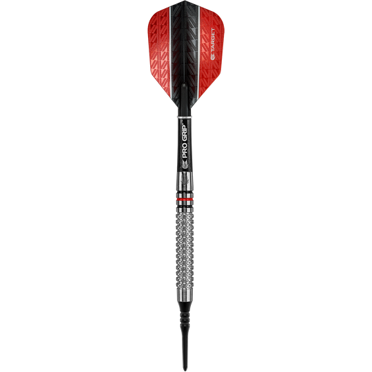 Fléchettes souples Target Vapor8 05 - 18 g Das Bild zeigt einen Target Vapor8 05 Softdart mit einem Gewicht von 18 Gramm. Der Dart hat eine rote und schwarze Flight, einen silbernen Barrel mit Griffstruktur und einen schwarzen Schaft.