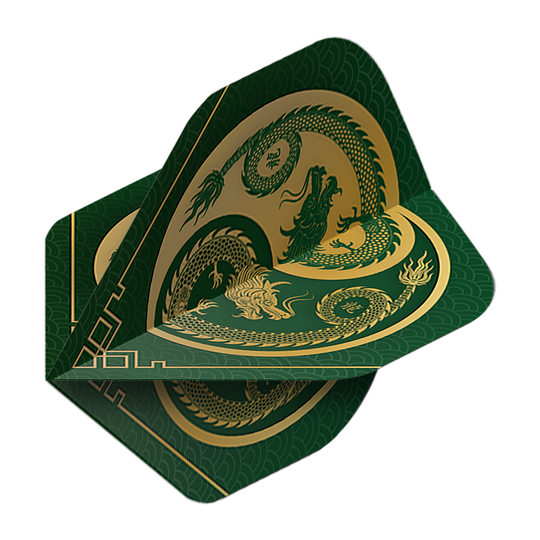 Vols de Pentathlon Dragon vert Das Bild zeigt die Pentathlon Dragon 3 Standard Flights. Sie sind grün mit einem goldenen Drachenmotiv verziert.