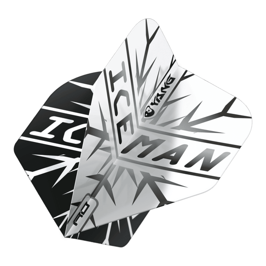 Das Bild zeigt zwei Dartflights in Schwarz und Weiß mit dem Schriftzug "ICEMAN" und einem auffälligen Eismuster. Auf den Flights ist zudem das Wort "Yin Yang" zu sehen.