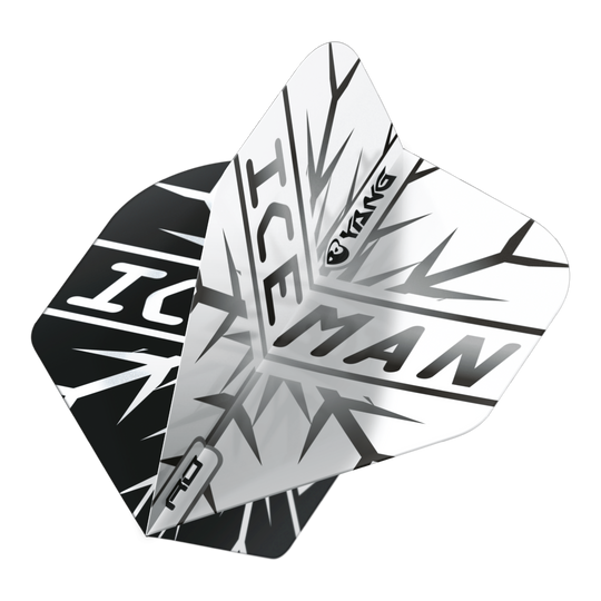 Vols Standard Dragon Rouge Gerwyn Price Iceman Noir Blanc Yin Yang Das Bild zeigt zwei Dartflights in Schwarz und Weiß mit dem Schriftzug "ICEMAN" und einem auffälligen Eismuster. Auf den Flights ist zudem das Wort "Yin Yang" zu sehen.