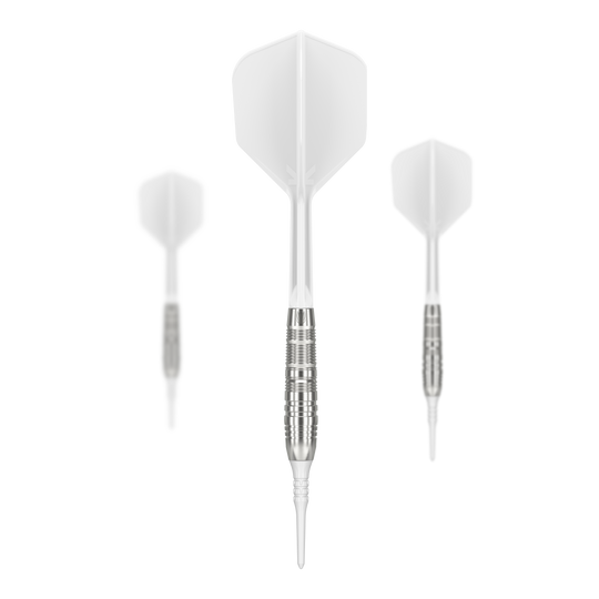 Fléchettes souples Target Japan Crux Trust - 17 g Das Bild zeigt drei weiße Softdarts des Produkts „Target Japan Crux Trust Softdarts - 17g“. Die Darts haben silberne Griffe und weiße Flights.