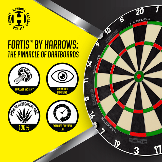 Cible de fléchettes en acier Harrows Fortis Das Foto zeigt ein Harrows Fortis Steeldartboard. Es ist für professionelle Dartspieler geeignet.