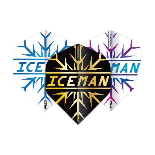 X0808_Red_Dragon_Gerwyn_Price_Hardcore_Flight_Set_1T9edF8pO0R194 Das Bild zeigt das Red Dragon Gerwyn Price Hardcore Flight Set, bestehend aus drei Dart-Flights. Auf jedem Flight steht in großer Schrift das Wort "ICEMAN" und sie haben unterschiedliche Farbkombinationen.