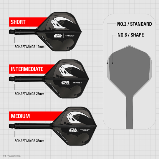 Das Bild zeigt das Target Star Wars K-Flex-Set Mandalorian No2 Standard Flights. Es handelt sich um zwei Dart Flights mit Mandalorian-Motiv aus Star Wars.