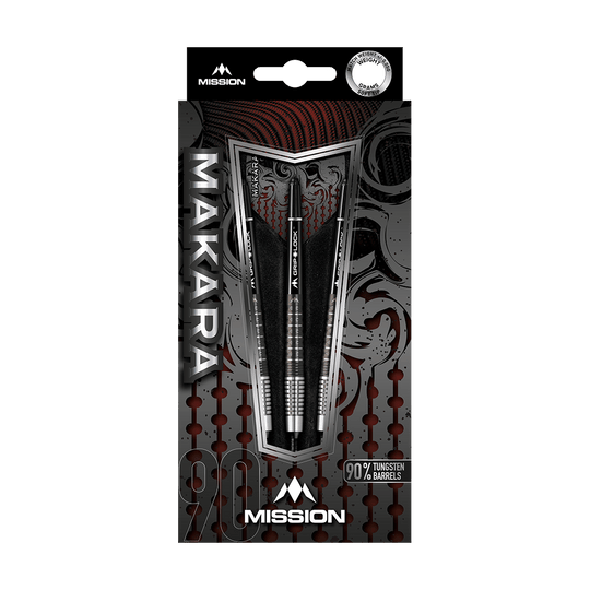 Das Bild zeigt die Verpackung der Mission Makara M2 Softdarts mit einem Gewicht von 20g. Die Darts bestehen zu 90 % aus Tungsten und sind ansprechend gestaltet.
