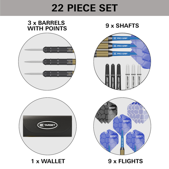 Fléchettes en acier laiton Target Josh Rock - 22 g Das Bild zeigt ein 22-teiliges Set von Target Josh Rock Brass Steeldarts - 22g. Es enthält 3 Barrels mit Spitzen, 9 Shafts, 9 Flights und ein Wallet.