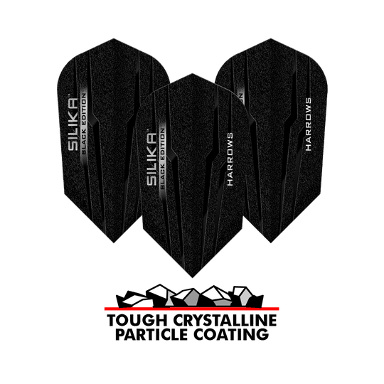 Volets fins Harrows Silika Black Edition Auf dem Bild sind die Harrows Silika Black-Edition Slim Flights zu sehen. Unten steht der Text „TOUGH CRYSTALLINE PARTICLE COATING“ mit einer Grafik von Kristallen darüber.