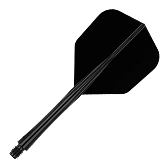 Système de vol Caliburn SUP Lite No6 Das Bild zeigt einen schwarzen Dart-Schaft mit Flight. Der Dart-Schaft ist mittellang und komplett in schwarz gehalten.