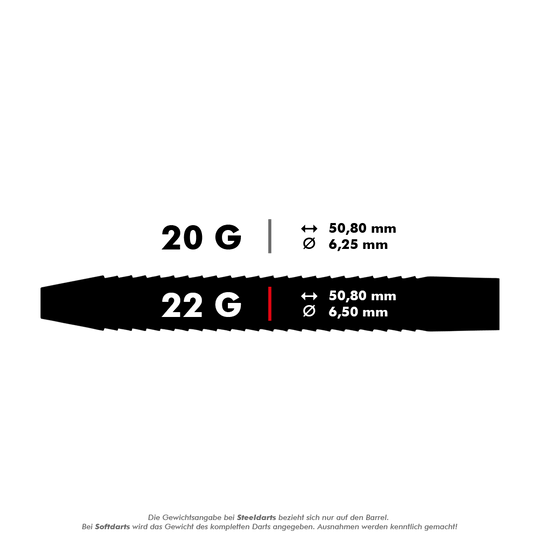 Das Bild zeigt zwei verschiedene Darts mit den Gewichten 20 g und 22 g. Beide Darts sind 50,80 mm lang, aber der Durchmesser beträgt 6,25 mm bzw. 6,50 mm.
