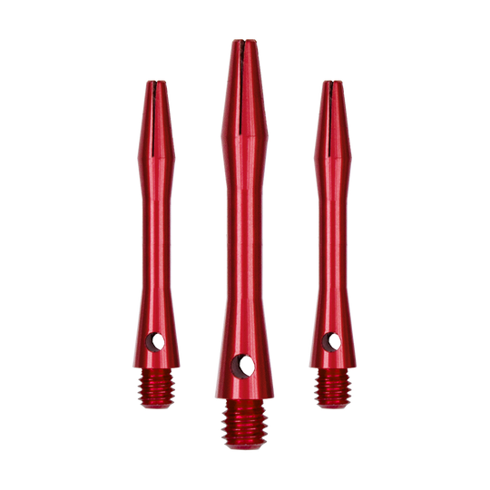 507_Aluminium_Shafts_Rot_35mm_1 Das Bild zeigt drei rote Aluminiumschäfte für Dartpfeile. Sie sind unterschiedlich lang und haben ein glänzendes Finish.
