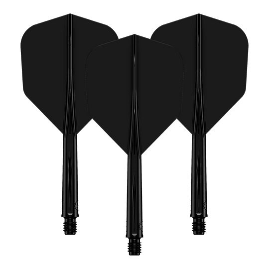 Système d'arbre de transMission Mission Force 90 n° 6 - Noir Das Bild zeigt drei schwarze Dart-Flights mit daran befestigten Schäften. Sie sind nebeneinander angeordnet und haben ein schlichtes, einfarbiges Design.