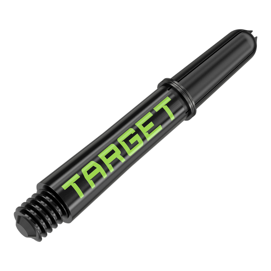 Tiges Target Pro Grip TAG - 3 jeux - Noir Vert Dies ist ein schwarzer Dartschaft mit grünem "TARGET"-Schriftzug. Er hat ein Schraubgewinde an einem Ende und ist 34 mm lang.