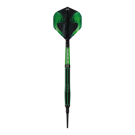 Fléchettes souples Mission Venom - 20 g Das Bild zeigt einen Softdart namens "Mission Venom Softdarts - 20g". Der Dart ist überwiegend schwarz und grün gestaltet und hat ein auffälliges, modernes Design.