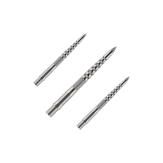 Embouts de fléchettes Mission Caliburn EVO - Ripple - Argent Auf dem Bild sind drei silberne Steeldartspitzen mit einem strukturierten Griff zu sehen. Sie sind in einem Set angeordnet und haben ein modernes, geriffeltes Design.