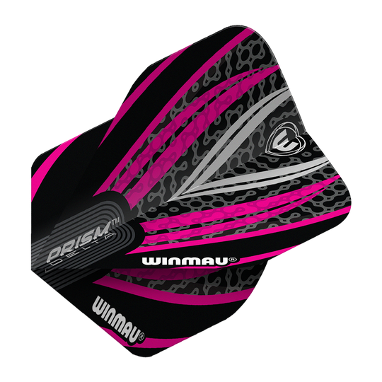 Volets standard Winmau Prism Delta Noir Blanc Rose n° 2 Das Bild zeigt ein Winmau Prism Delta No2 Standard Dartflight in den Farben Schwarz, Weiß und Pink. Das Flight hat ein auffälliges, modernes Design mit grafischen Mustern und dem Winmau-Logo.