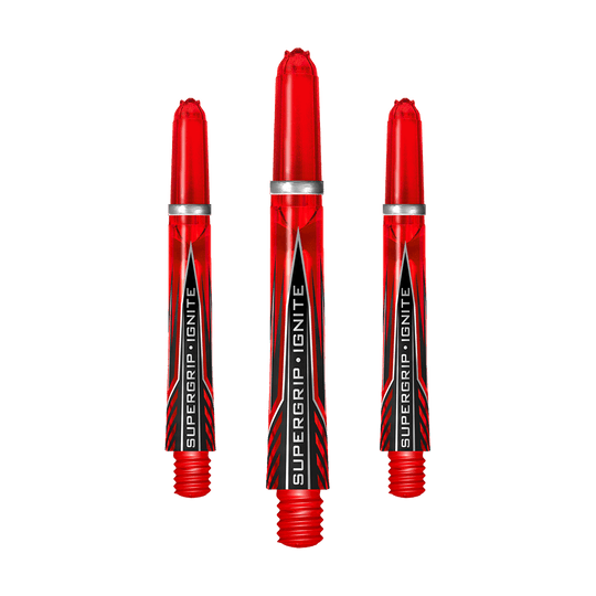 Das Bild zeigt drei rote Harrows Supergrip Ignite Shafts für Dartpfeile. Auf jedem Shaft steht der Schriftzug „SUPERGRIP IGNITE“.