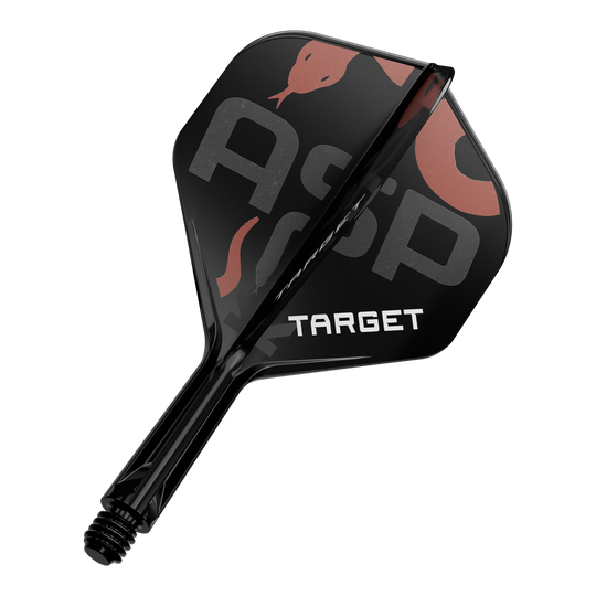 Système de flèche standard Target K-Flex Nathan Aspinall n° 2 Das Bild zeigt ein schwarzes Dart-Flügel- und Schaftsystem mit der Aufschrift "TARGET". Auf dem Flügel sind zudem die Buchstaben "Asp" sowie eine Schlangenabbildung zu sehen.
