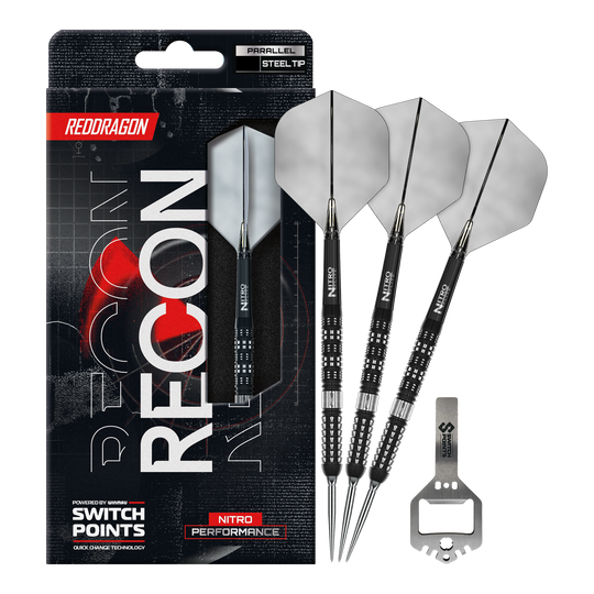 Das Bild zeigt die Red Dragon Recon Parallel Steeldarts in voller Länge. Die Steeldarts haben ein modernes Design.