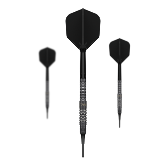 Fléchettes souples Target Black Marque Creed - 21,5 g Dieses Bild zeigt das Set der Target Black Marque Creed Softdarts mit 21,5g. Mehrere Komponenten des Dartsets sind deutlich erkennbar.