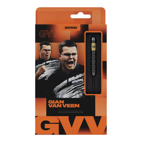 Winmau Gian Van Veen Core Brass Steeldards - 21g Hier wird das Produkt Winmau Gian Van Veen Core Brass Steeldarts mit 21 Gramm gezeigt. Die Steeldarts liegen geordnet nebeneinander.
