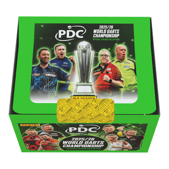 Panini PDC Championnat du monde de fléchettes 2025/26 - Boîte d'autocollants contenant 65 paquets Die Panini PDC World Darts Championship 2025/26 Stickerbox mit 65 Tüten ist zu sehen. Das Bild gibt einen Überblick über die Verpackung und den Inhalt der Box.