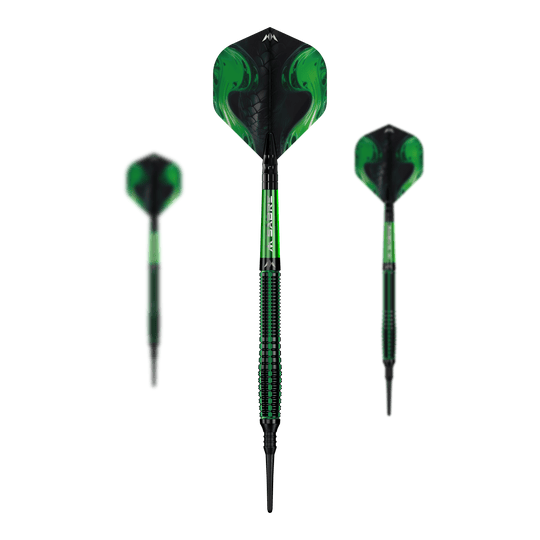 Fléchettes souples Mission Venom - 20 g Mehrere Mission Venom Softdarts - 20g liegen als Set nebeneinander. Die Materialien erscheinen hochwertig.