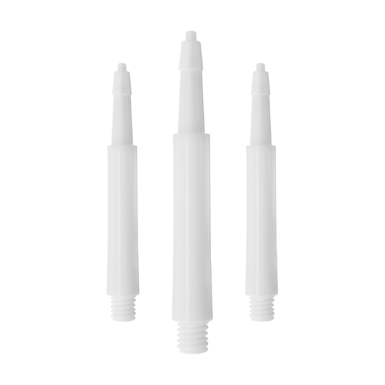 Das Bild zeigt drei weiße Harrows Clic Standard Shafts für Darts. Sie sind nebeneinander auf weißem Hintergrund angeordnet.